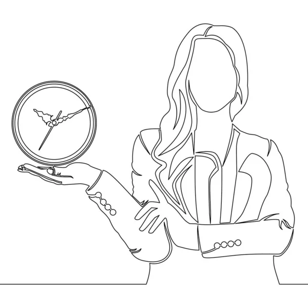 Continuous One Single Line Drawing Successful Time Management Businesswoman Showing —  Vetores de Stock