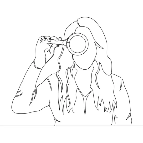 Continuous One Single Line Drawing Young Woman Using Magnifying Glass — Vetor de Stock