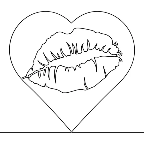 Continuous One Single Line Drawing Heart Lip Imprint Icon Vector — Stock Vector