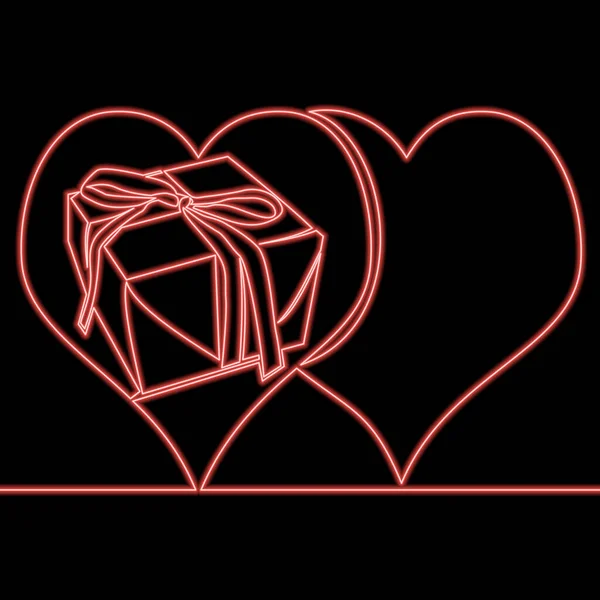 Continuous One Single Line Drawing Gift Box Bow Two Hearts — стоковый вектор