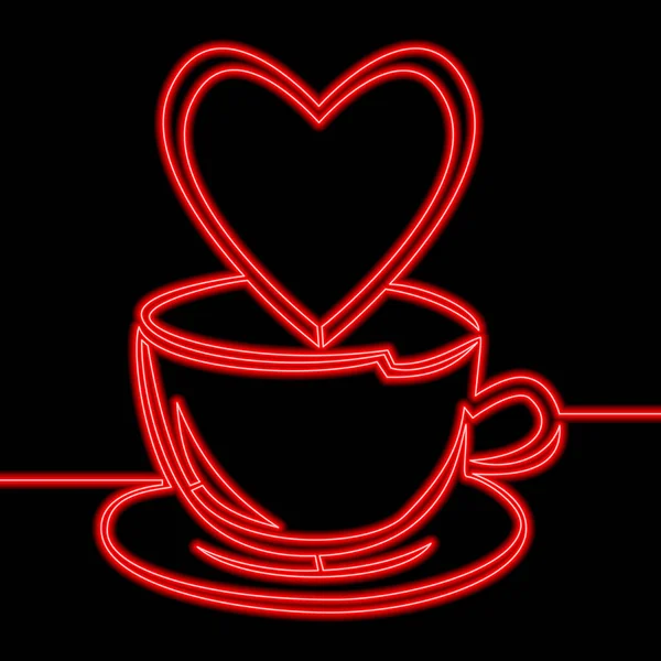 Continuous One Single Line Drawing Cup Coffee Heart Shaped Icon — стоковый вектор