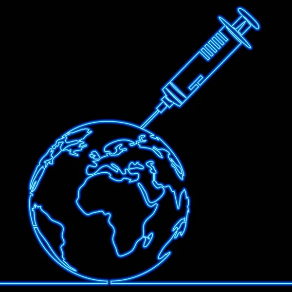 Continuous One Single Line Drawing Vaccine Planet Earth Icon Neon — Stok Vektör