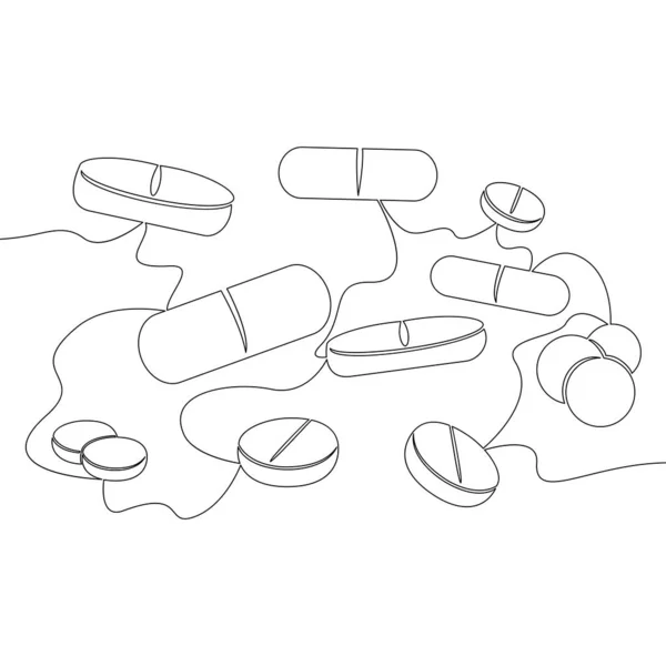 Kontinuierliche Eine Einzige Linie Zeichnung Satz Von Pillen Und Kapseln — Stockvektor