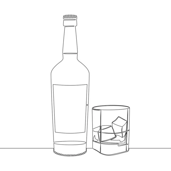 Ciągły Jeden Wiersz Rysunek Butelka Szklanka Whisky Ikoną Lodu Wektor — Wektor stockowy