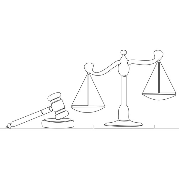 Hukukun sembolünü çizen tek satır devam ediyor Hakimler tokmak ve ölçeklendirme ikon vektör illüstrasyon kavramı