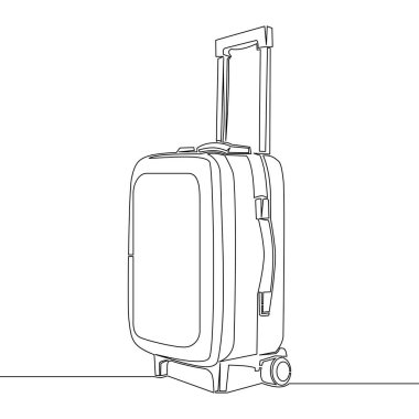 Sürekli tek bir çizgi çizerek seyahat valizi tekerlekleri ve geri çekilebilir saplı ikon vektör illüstrasyon konsepti ile valiz