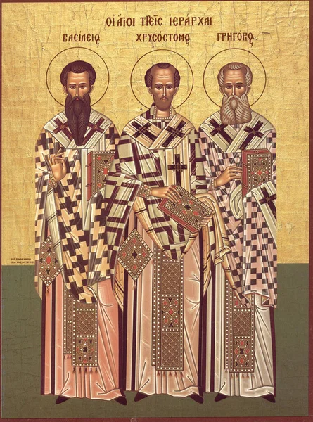 Ορθόδοξη Εικόνα Βυζαντινού Ρυθμού Τρεις Άγιοι — Φωτογραφία Αρχείου