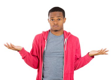 Closeup portrait of angry unhappy young man arms out asking what's the problem who cares so what, I don't know clipart