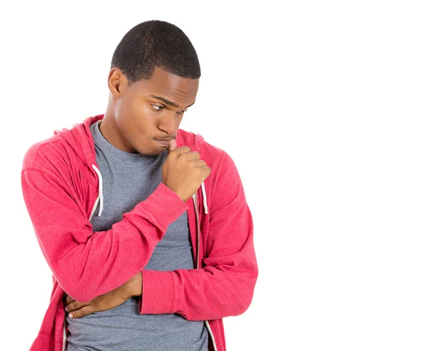 Closeup portrait of thinking man with finger in mouth sucking thumb, biting fingernail in anxiety, stress, deep in thought — Stock Photo, Image