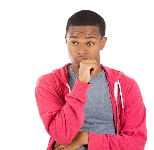 Closeup portret van denken man met vinger in mond duim, zuigen bijten vingernagel in angst, stress, diep in de gedachte — Stockfoto