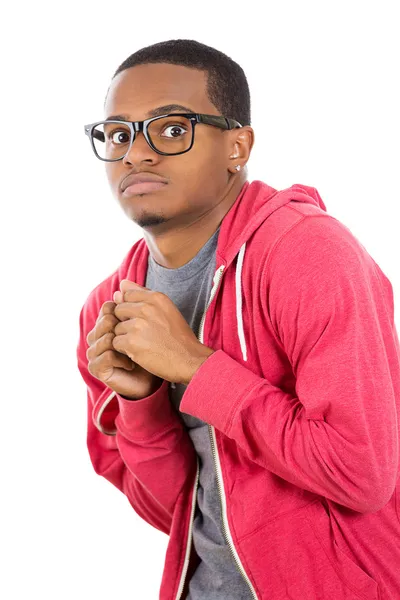 Retrato de close-up de um jovem nerd olhando homem com óculos, muito tímido, tímido e ansioso, brincando com as mãos nervosamente — Fotografia de Stock