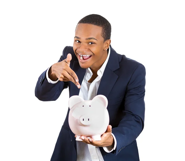 Closeup portrait of rich super excited young successful happy man introducing his friend, the piggy bank — Stock Photo, Image