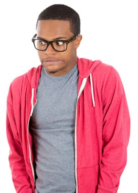 Closeup portrait of nerdy man with big glasses eyes, smirk mouth, looking away in shame did something wrong made a mistake clipart