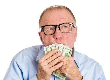 Mature man kissing dollar banknotes clipart