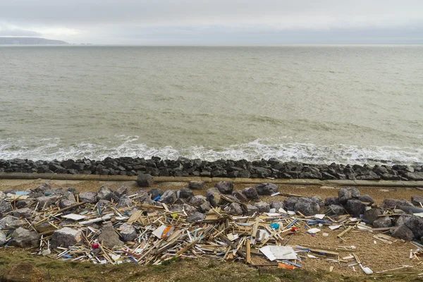 February 14 Storm Damage 2014, wooden remains of smashed beach h — Stock Photo, Image