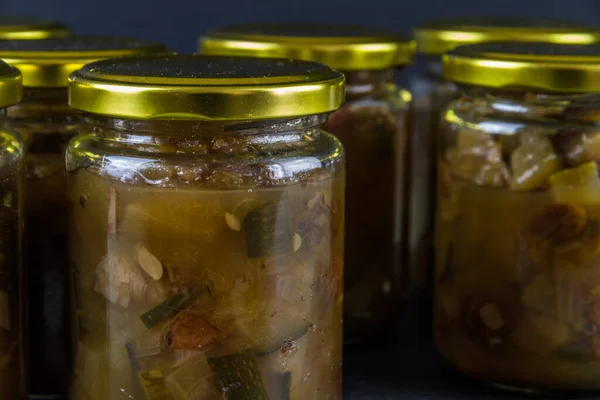 Chutney Courgette Grew Marrow Several Jars Black Dark Background Landscape — Stock Photo, Image