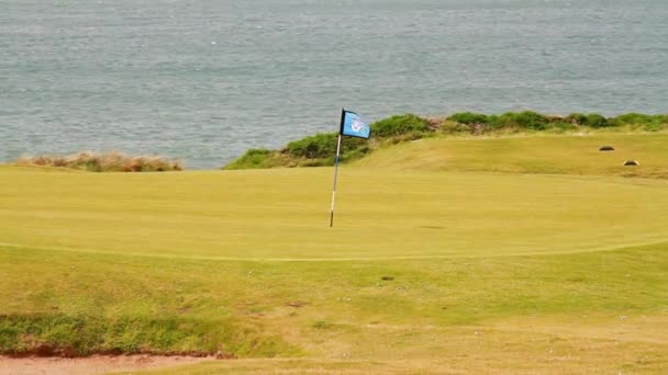 Morfa Nefyn Wales May Redaktør Golfbane Grønn Med Hull Flagg – stockvideo