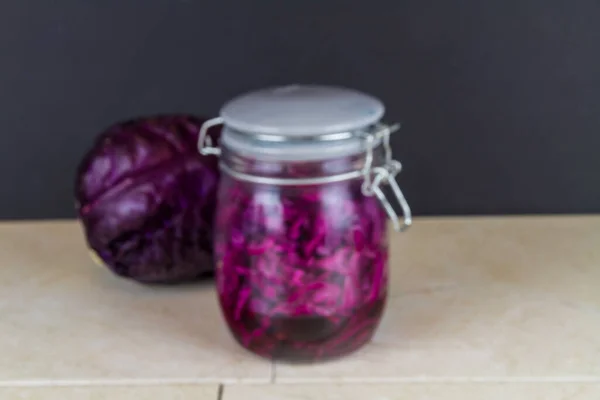 Jar Freshly Made Sauerkraut Whole Red Cabbage Blurred — Stock Photo, Image