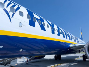 Malpensa, Italy, 5 august 2022. Close up shot from the ground of a Ryanair logo on the side of an airplane.