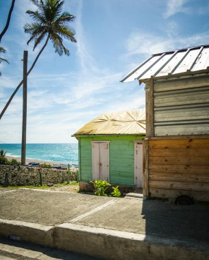 Dominik 'te Pedernales' ten Santo Domingo 'ya arabayla yolculuk. Parlak renklerle boyanmış tipik ahşap evler, palmiye ağaçları ve arka planda manzaralı deniz..