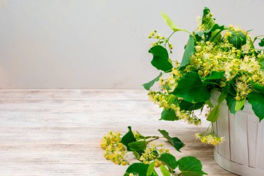 Beyaz arka planda beyaz sepetteki ıhlamur çiçekleri. Linden çiçeği çayı..