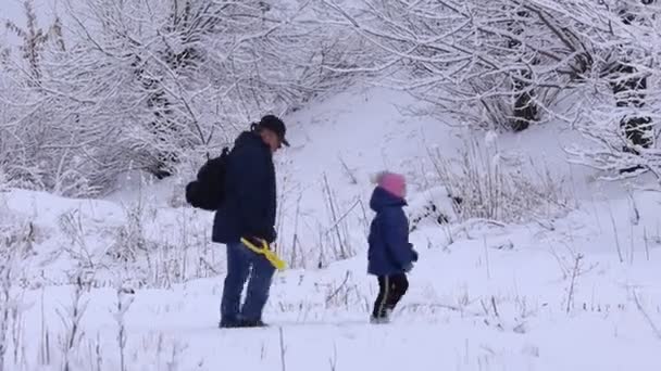 Papa et fille vont se promener sur une route enneigée un jour d'hiver. Amusement d'hiver — Video