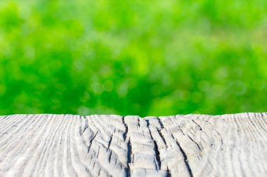 Bulanık yeşil yapraklı arka planda eski ahşap bir kalas. Metin için yer, kartpostallar için temel.