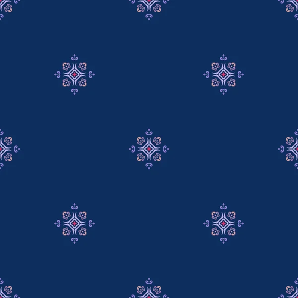 Περιστροφή μοτίβο διάνυσμα. Μπλε και ροζ φόντο με μωβ αφηρημένα λουλούδια — Διανυσματικό Αρχείο