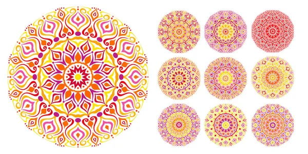 Projekt wektora Mandala. Abstrakcyjna sztuka kwiatowa w odcieniach czerwonego, żółtego fioletu — Wektor stockowy