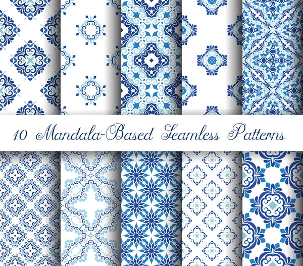 Blue mandala vector patterns. A set of seamless oriental ornaments — ストックベクタ