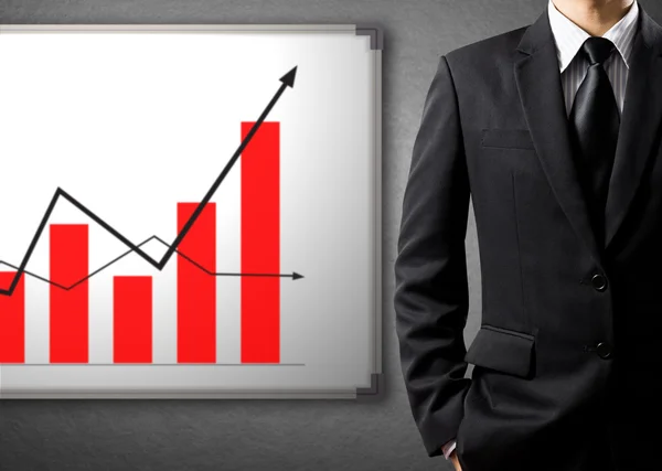 Business man standing and drawing growth chart on white board — Stok Foto