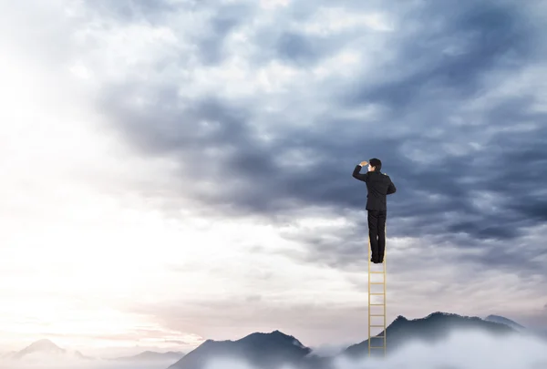 Businessman climbing on a ladder over mountain looking ahead — Stock Photo, Image