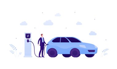 Elektrikli araba konsepti. Vektör düz çizim. Takım elbiseli bir erkek işadamı mavi gökyüzü arka planında elektro şarj istasyonuna bağlı. Ekoloji ve ulaşım için tasarım