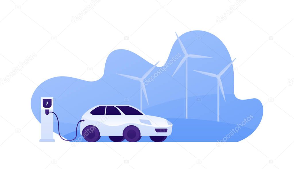 Electric car concept. Vector flat illustration. Vehicle connected by plug connector to charge staion with on blue sky background with wind powerplant. Design for ecology and transportation