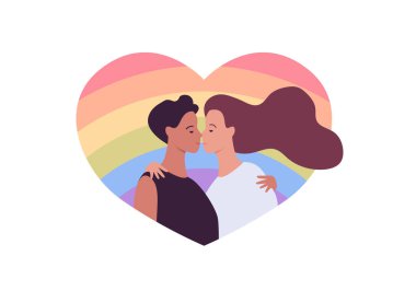 Aşk, randevu ve ilişki kavramı. Vektör düz insan illüstrasyonu. Lgbt gururu. Gökkuşağı kalp şeklinde arka planı olan bir çift lezbiyen aşık beyaza izole edilmiş. Sevgililer Günü için tasarım.