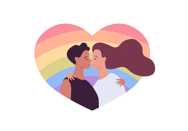 日付と関係の概念 ベクトルフラット人のイラスト 誇りに思うよ 虹色のハート型の背景に白で隔離された女性レズビアンの恋人のカップル バレンタインデーのデザイン — ストックベクタ