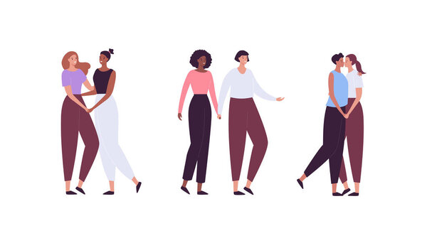 Love, date and relationship concept. Vector flat people character illustration set. LGBT pride. Collection of full length lesbian woman in romantic pose and friends. Design for valentine day.