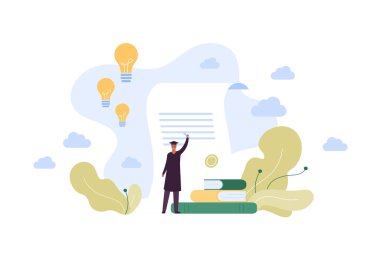 Eğitim konsepti. Üniversite ve iş kursları mezuniyet. Vektör düz insan illüstrasyonu. Erkek öğrenci elinde diplomayla ayakta duruyor. Arkaplanda kitap, ampul ve kağıt belge sembolü