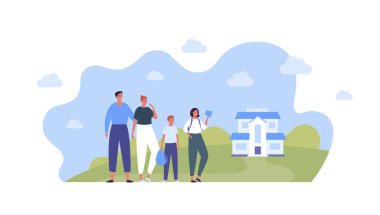 Eğitim ve okul konseptine geri dönüş. Vektör düz insan illüstrasyonu. Erkek ve kadın ebeveyn, erkek ve kız çocukları, bina ve gökyüzü arka planında ders kitabı ve çantası var..