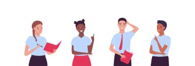 Eğitim konsepti. Vektör düz insan illüstrasyonu. Gülümseyen bir erkek ve kız grubu beyazlar içinde soyutlanmış. Çeşitli Avrupalı, Afrikalı, Asyalı ve İspanyol okul çocuğu karakterleri.