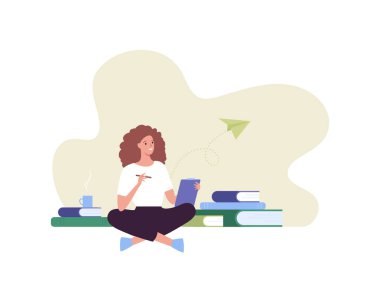 Eğitim konsepti. Vektör düz insan illüstrasyonu. Gülümseyen kadın ders kitabında beyaz arka plan üzerine kitap yığınıyla birlikte oturur ve yazar. Çevrimiçi okul, eğitim kursu için tasarım.