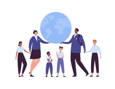 Eğitim konsepti. Vektör düz insan illüstrasyonu. Gülümseyen erkek ve kadın öğrenci grupları, arka planda dünya gezegeni olan üniformalı öğrenciler. Çeşitli karakter setleri. Yurtdışı okul programı için tasarım.
