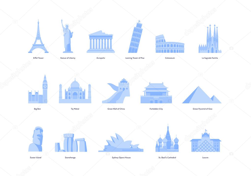 Travel concept. Vector flat illustration set. Collection of blue famous landmark symbol with name isolated on white background. Design for international tourism, vacation, sightseeing