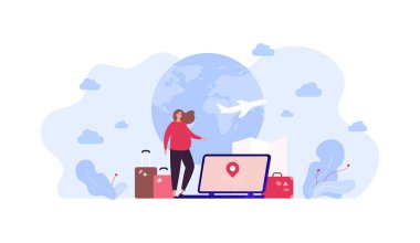 Tourism, pregnancy and travel concept. Vector flat people illustration. Pregnant female tourist with luggage on planet earth globe background. Baggage, airplane, suitcase and laptop with map symbol.