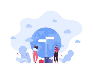Tourism and global travel concept. Vector flat people illustration. Couple of mother and father hold baby in sling carrrier on planet earth globe background. Road destination sign.