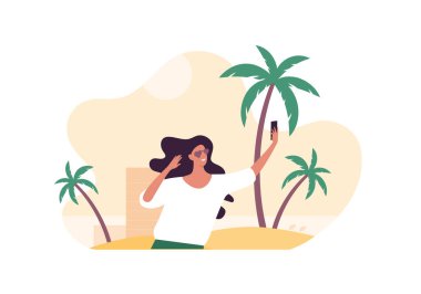 Tourism and holiday vacation concept. Vector flat people illustration. Female in heart shape glasses make selfie on beach with palm background.