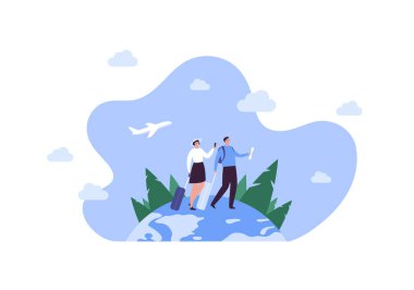 Tourism and global travel concept. Vector flat people illustration. Couple of tourist with baggage, map and smartphone on planet earth globe with forest symbol on sky background with air plane.
