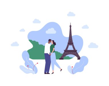 Tourism and famous place travel concept. Vector flat people illustration. Couple of african man with woman kiss on eiffel tower background. Design for romantic vacation, valentine day.