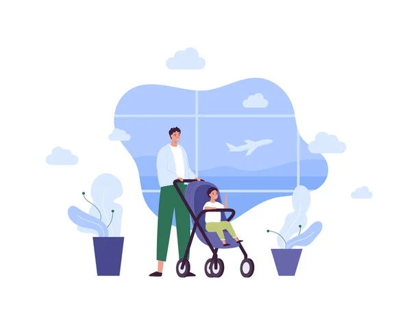 Tourism Airplane Travel Concept Vector Flat People Illustration Couple Father — Stockvektor