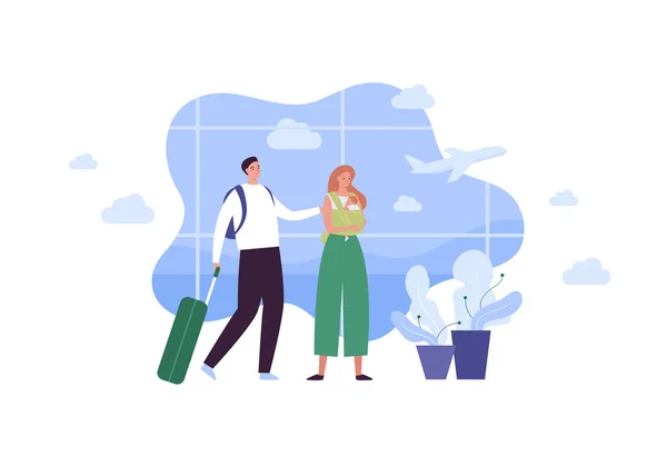Tourism Airplane Travel Concept Vector Flat People Illustration Couple Man — Vetor de Stock